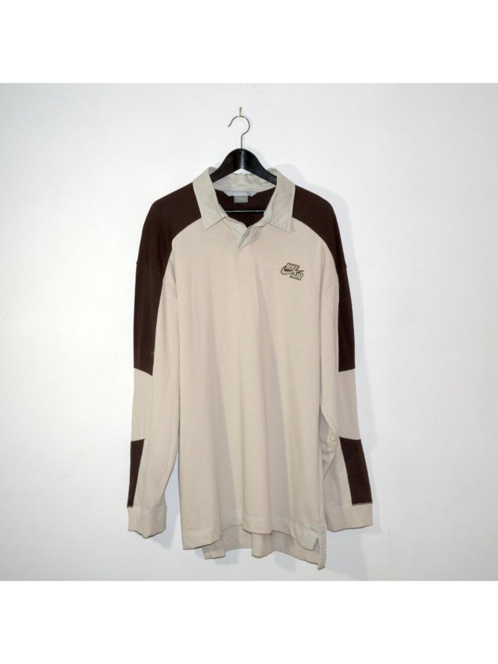 Vintage 2000's Nike Long Sleeve Rugby Shirt Cream Ivory Brown Mens Large XL